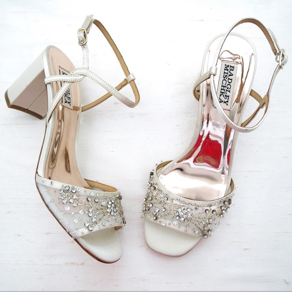 Badgley Mischka Blaine Ivory Satin Beaded Mesh Dress Sandals - Picture 4 of 13